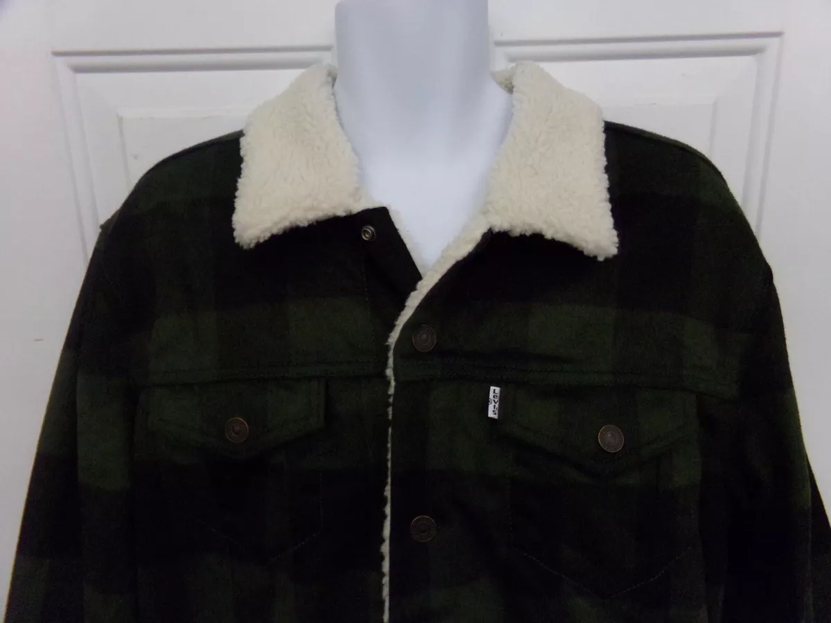 Levis Mens Trucker Green Black Plaid Sherpa Lined Wool Blend
