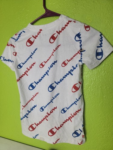 Youth Boys Shirt Champion All Over Print Spellout Red White Blue Small Top - Picture 6 of 8
