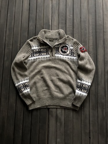 Napapijri Jumper Mens XLarge White Blue Gray Big Logo Wool 1/4 Zip Preppy Top