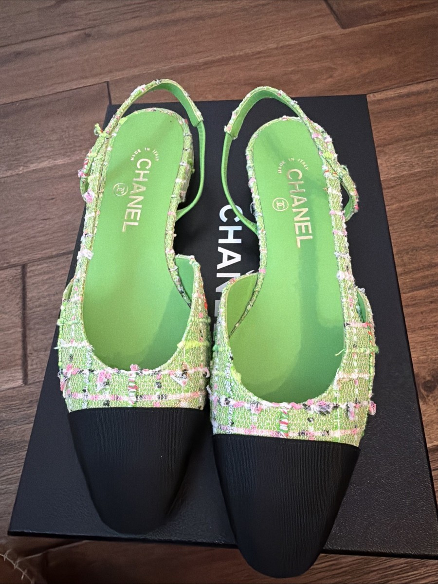 CHANEL フラットシューズ 39C オリーブグリーン Chanel Green Tweed Flat Sling Back Size 38.5 | eBay