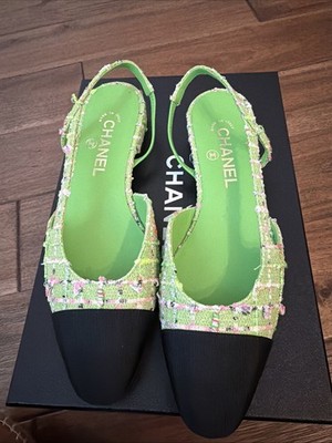 Chanel Green Tweed Flat Sling Back Size 38.5 | eBay