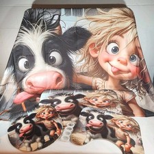 Cartoon Girl Cow 5 Piece Bathroom Set Curtain, Mats Hooks NWOB