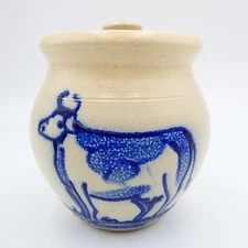 Shadowlawn Pottery Cow Canister Crock with Lid 5.5" Salt Glaze Stoneware Vintage