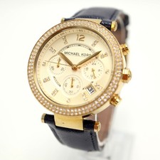 Michael Kors Parker Gold Tone 40mm Unisex Watch Date Blue Leather w New Battery