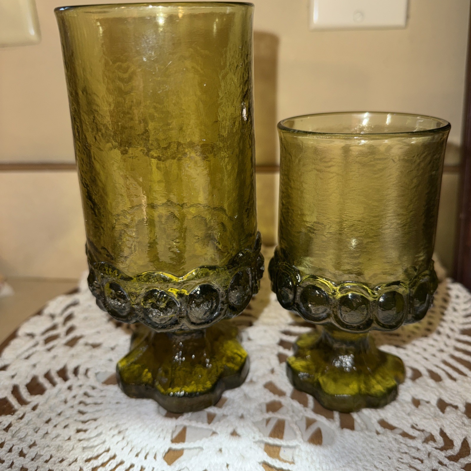 Pair of 2 Vintage Tiffin Franciscan Madeira Olive Green Glass Goblets