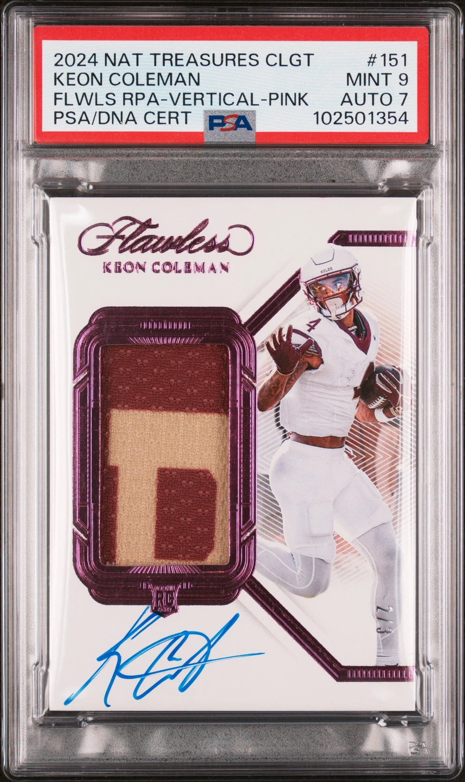 Keon Coleman Panini National Treasures Collegiate Flawless Rookie Patch Autographs #151 Vertical-Pink