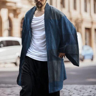 Men's Japanese Cotton Cardiganchecked Kimono Baggy Yukata Coats Cape Open  Fron