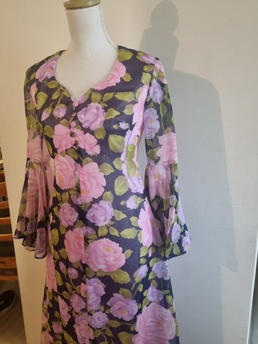 Vintage Habe Garments Of Sydney 1970's Bell Sleeve Floral Dress Size 12 - Picture 2 of 7