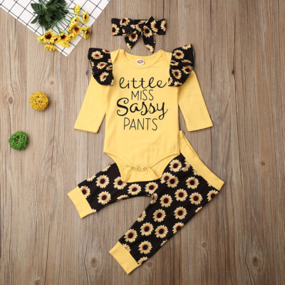 Infant Baby Girl Outfit Sunflower Romper Pants Headband Fall Autumn Clothes  Set