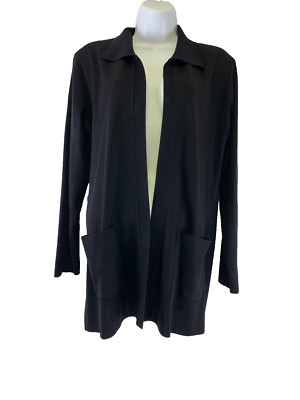Exclusively Misook Collared Jacket Cardigan Patch Pockets Open Front Black Large