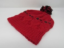 Handcrafted Knitted Hat Red/Black Owl Pom Pom 100% Wool Unisex Kids 4-6