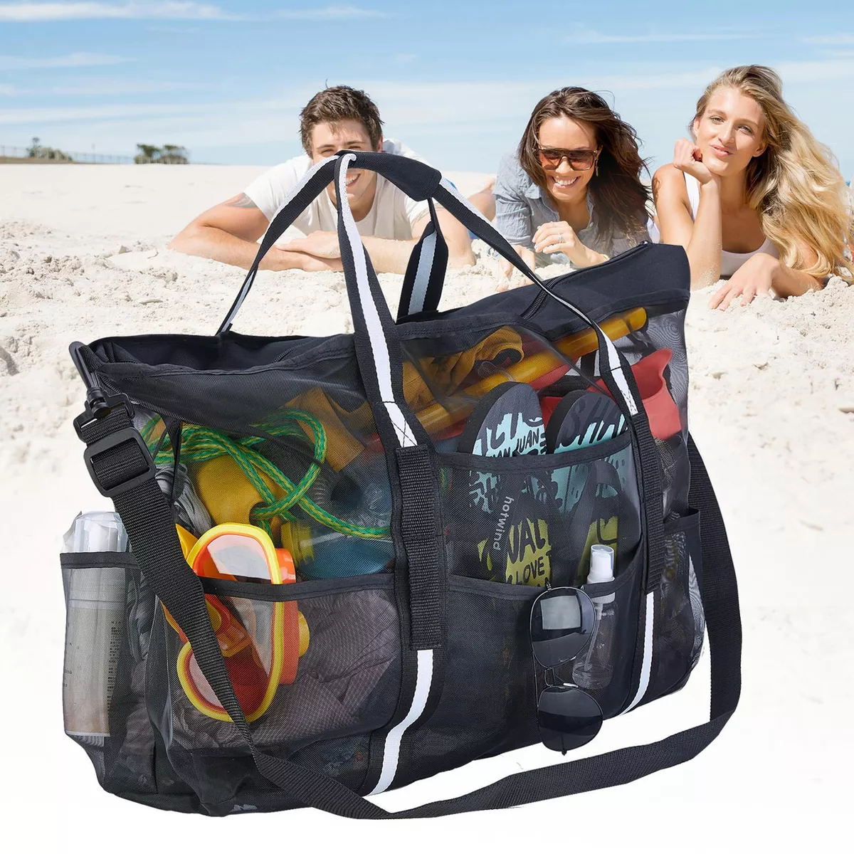 Beach Mesh Bag Black Anti Sand Bottom Tote Carry Net Bags for Summer Travelling