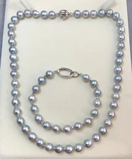 8-8.5mm Baroque Silver Akoya pearl Necklace & Bracelet set,sterling silver Clasp