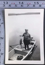 Fisherman in Row Boat Fishing Fish Stringer Tackle Box BW Photo Snapshot