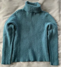 H Halston Ribbed Merino Wool Turtleneck Sweater Aqua Green Women’s Small EXC