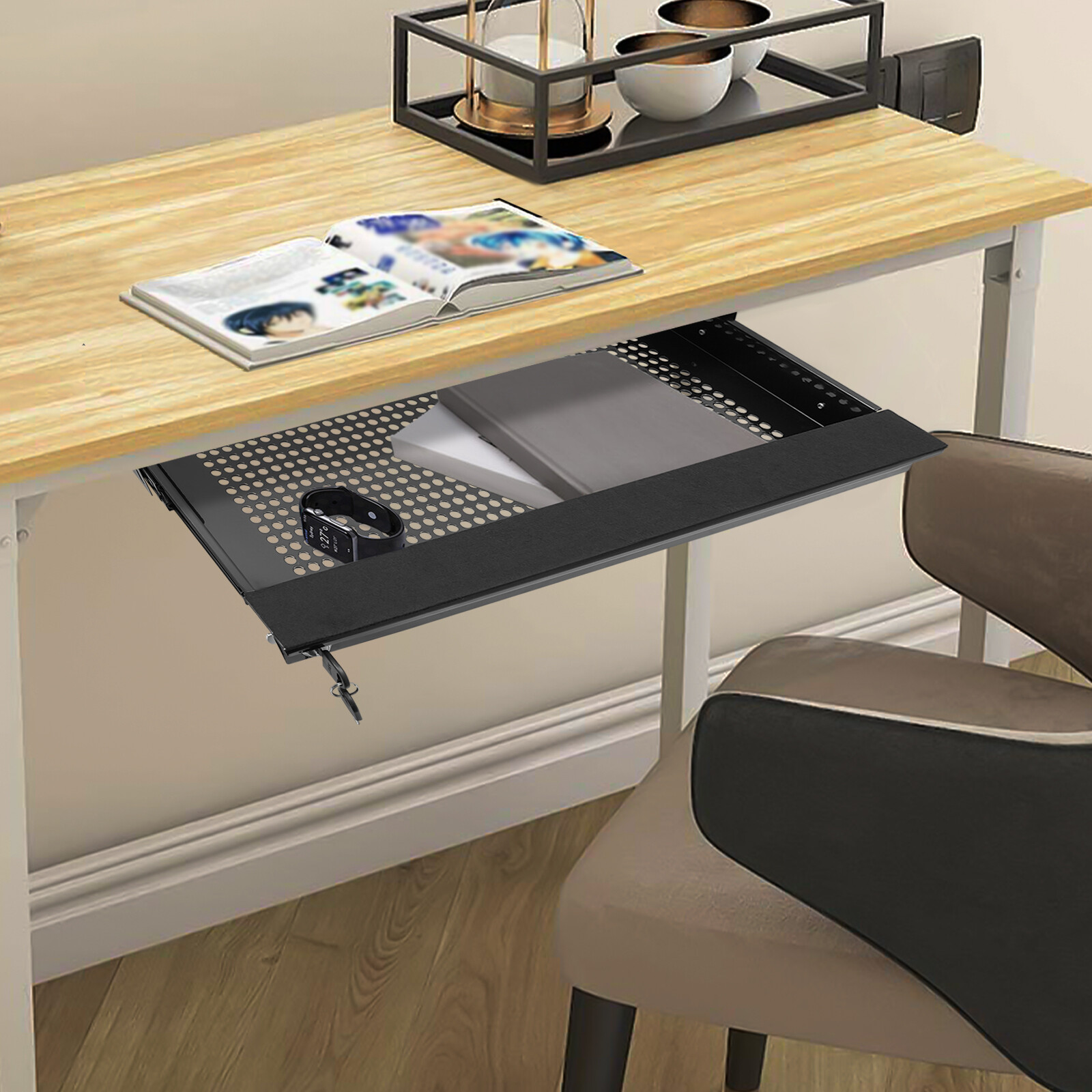 Under Desk Sliding Pull Out Storage Organizer Drawer with Key Lock