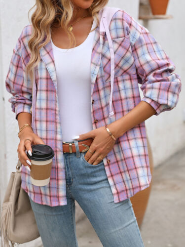 Womens Check Casual Hooded Loose Shacket Tops Button Up Shirts Baggy Coat Blouse - Picture 7 of 38