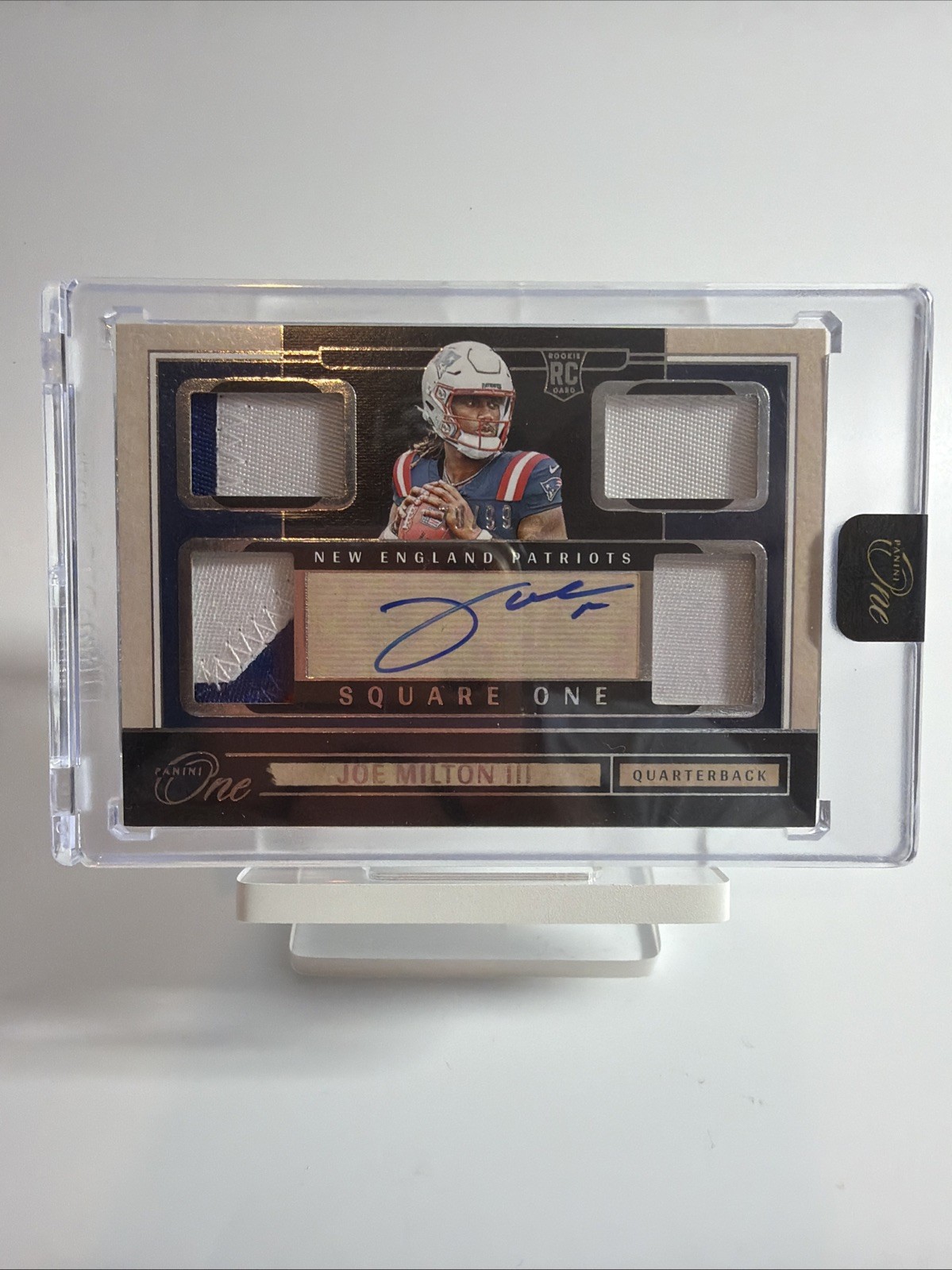 2024 Panini One NFL Joe Milton III RC Square One Quad Relic Auto #50/99- NE Pats