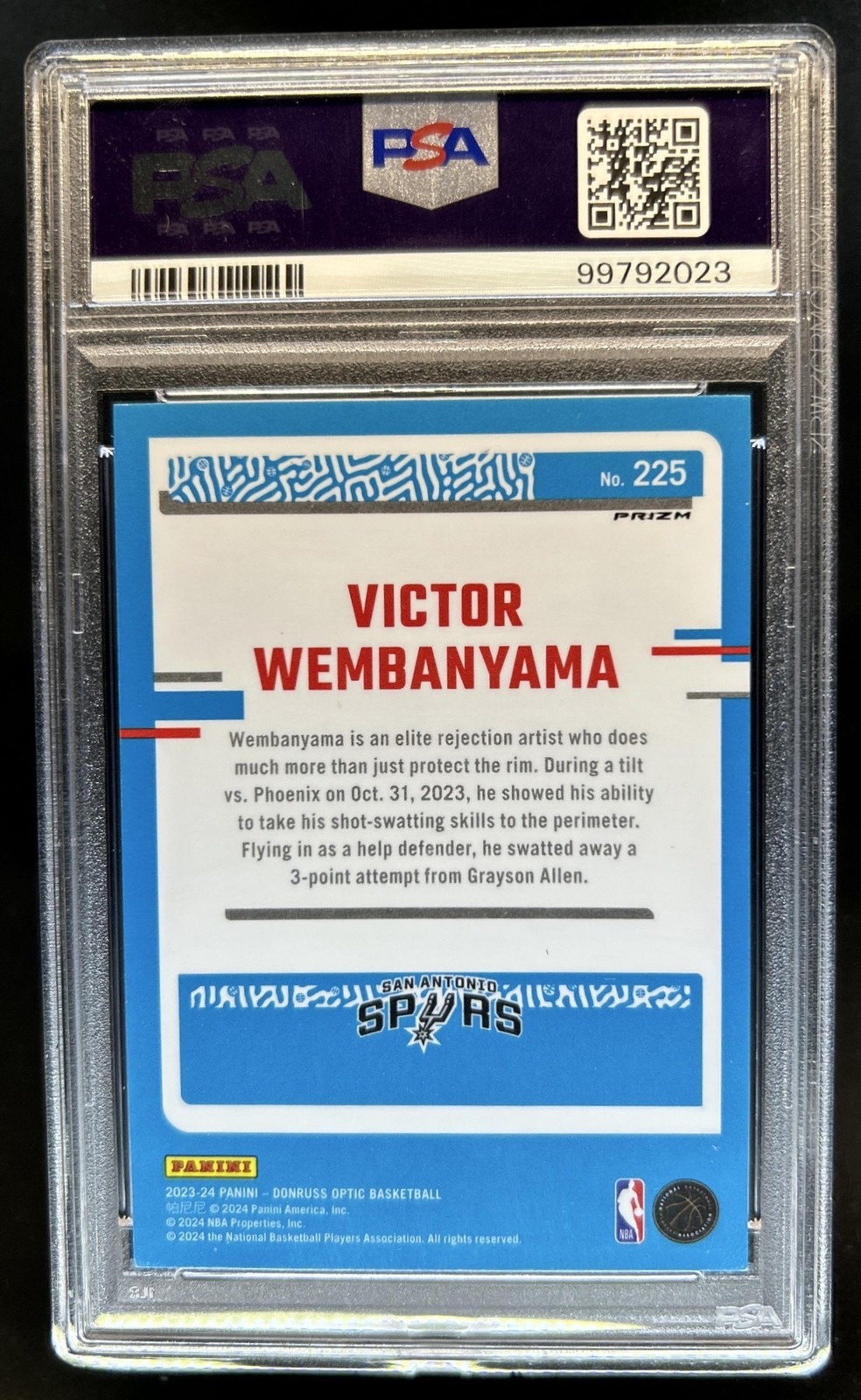 2023-24 Donruss Optic Victor Wembanyama Red International Rookie #225 PSA 10 view 2