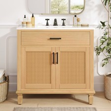 36" Rattan Bathroom Vanity w/Ceramic Sink,Modern Bathroom Sink Cabinet Natural