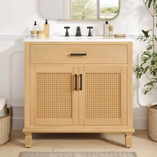 36" Rattan Bathroom Vanity w/Ceramic Sink,Modern Bathroom Sink Cabinet Natural