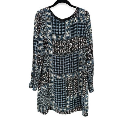 LOFT Black Swing Dress with Blue Floral Patchwork Pattern Rayon Women s Size 4