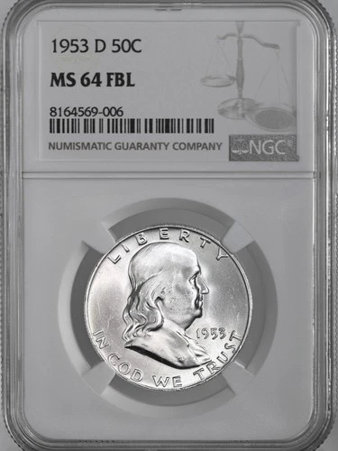 1953-D 50C FRANKLIN SILVER HALF DOLLAR FULL BELL LINES NGC MS64 FBL #8164569-006