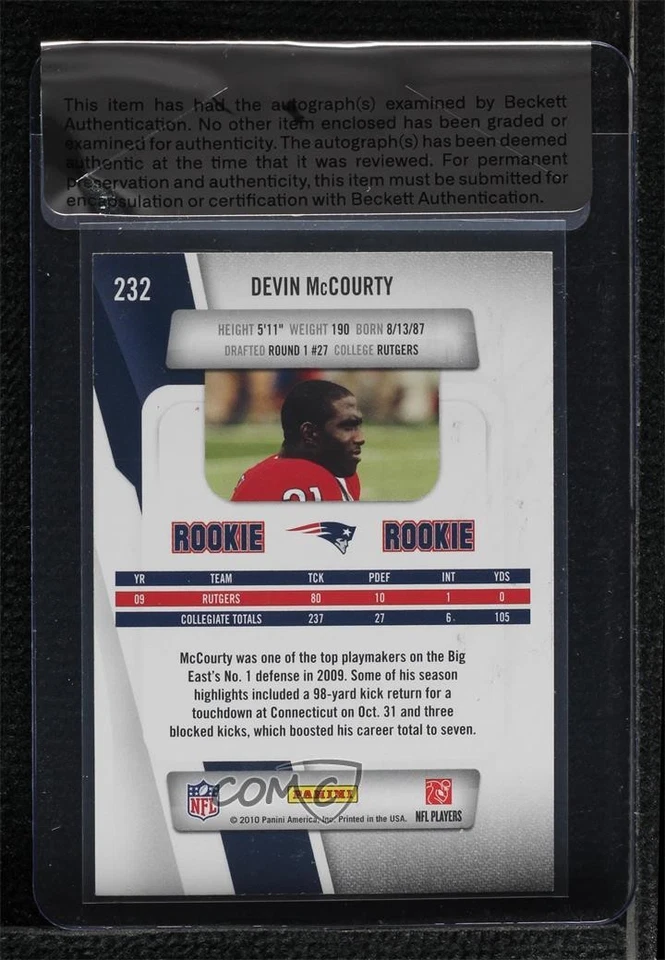 BAS 2010 Playoff Prestige Devin McCourty #232 Seal of Authenticity Rookie RC - Image 2 of 2