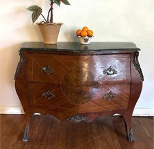 GENUINE 19th C. French Louis XV Bombe Commode Marquetry Chest, Green Marble Top
