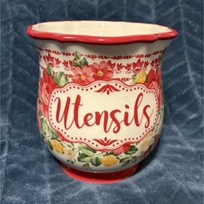 The Pioneer Woman Floral Stoneware Utensil Jar Red Vintage Retro Kitchen Holder