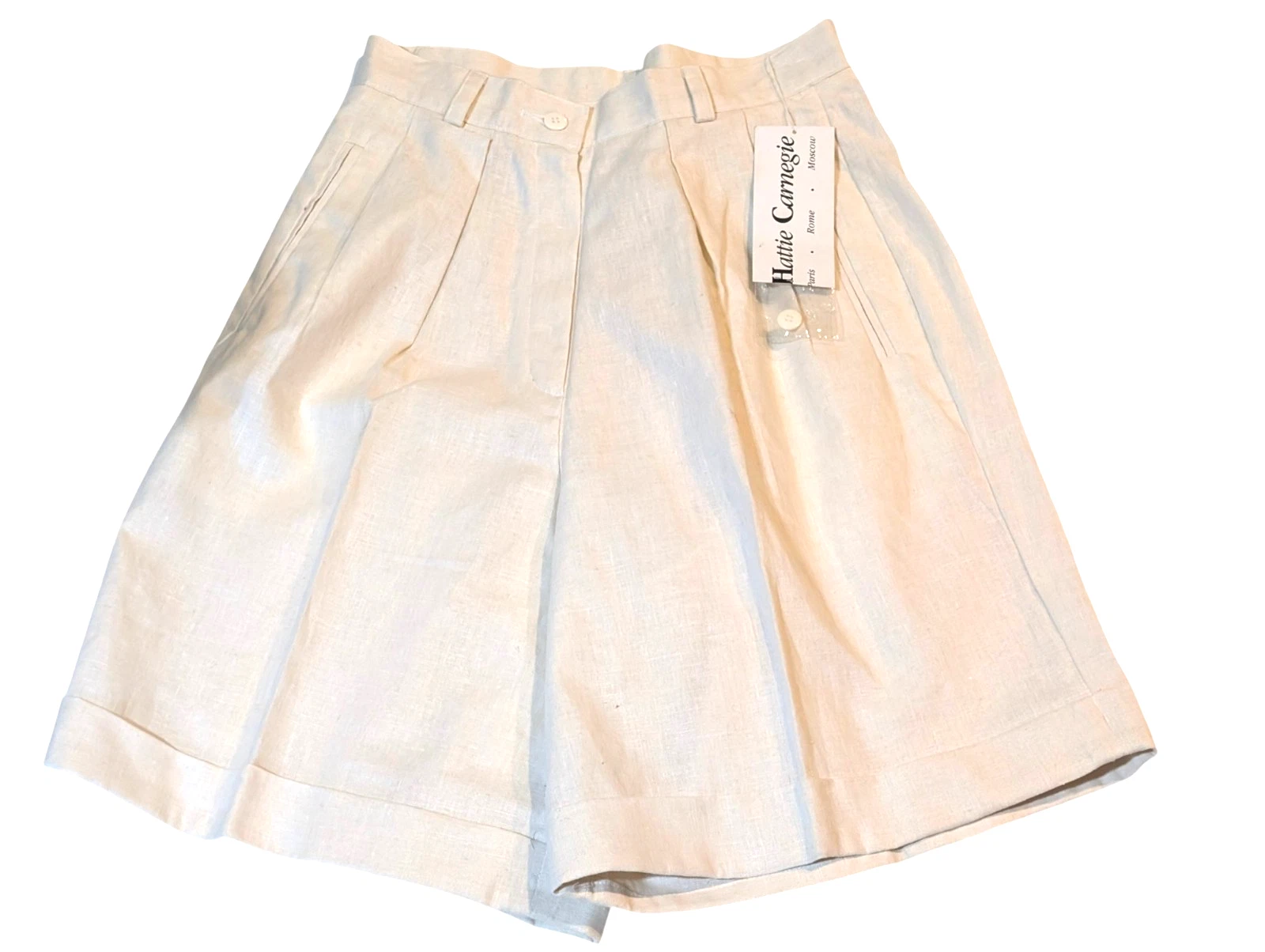Vtg 70s Hattie Carnegie Linen Shorts Deadstock Cream High Waisted Cuff Sz 8 NOS