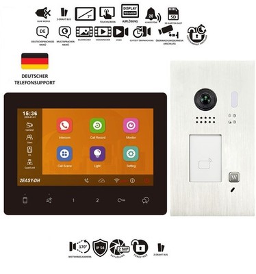 Einfamilien Videosprechanlage Smart Tuya WiFi Schwarz 7'' 170° Fischaugenkamera