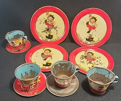 Lithograph Vintage Ohio Arts Jack Mary & Tom Tin Plates Cups (See Pictures)