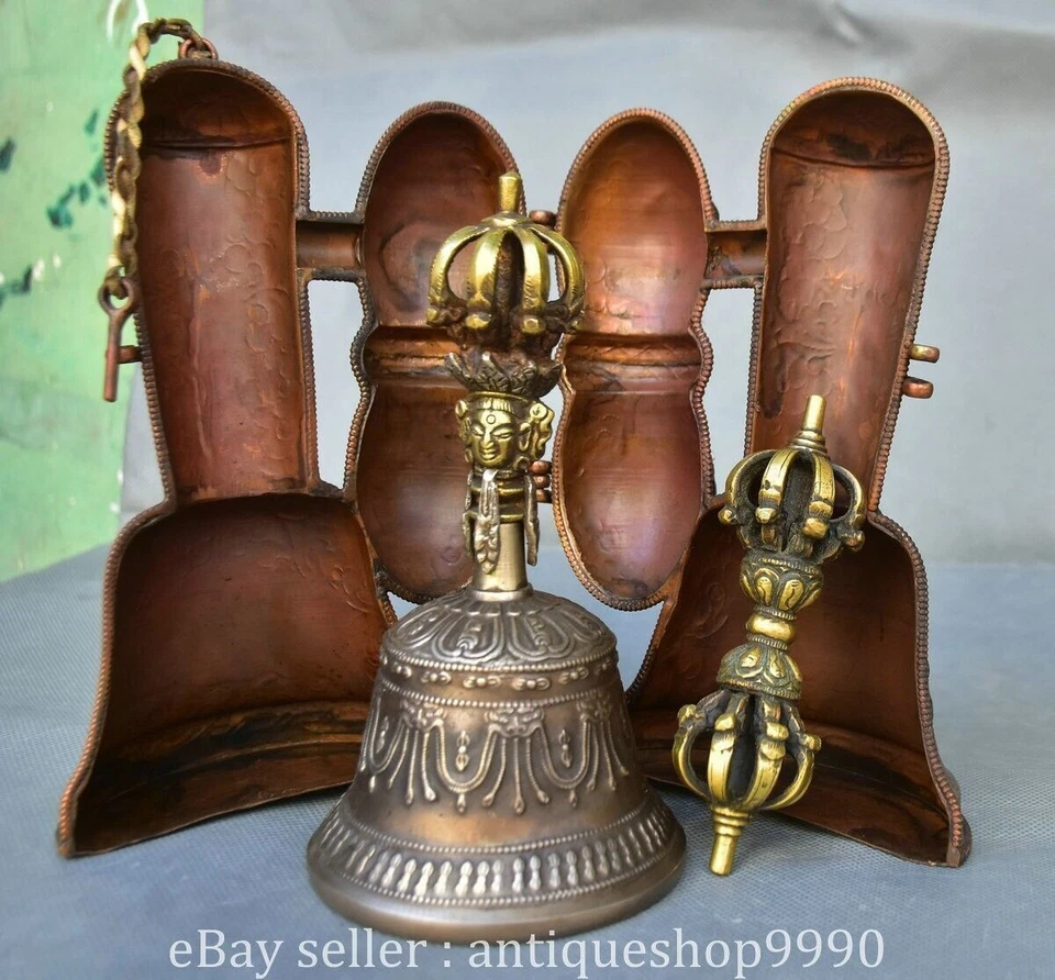 8.2" Templo Budista Tíbet Plata Dorje Vajra Campana y Soporte Caja Estatua Escultura Foto 2 de 4