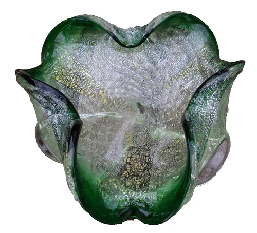 Murano Art Glass Bowl Green Gold Clear Free Form 9" Hand Made Mid Century Modern