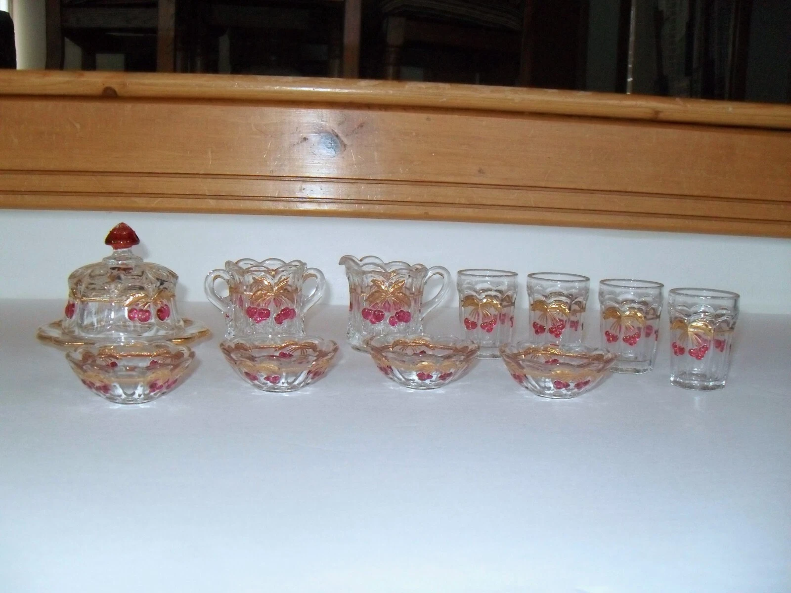 Mosser Northwood Cherry Gold Cable Child's Dish Set Glasses Bowls Butter Dish +