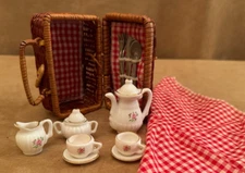 Miniature Doll 16 Piece Tea Set in Lined Wicker Picnic Basket utensils vintage