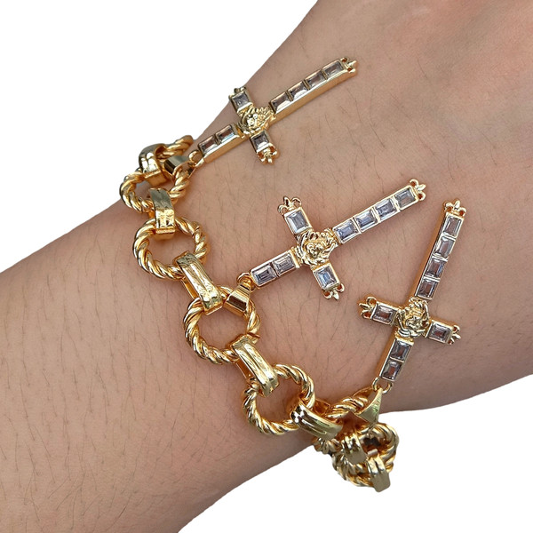 Alternate view of Crucifix Charm Cubic Pave Gold Plated Chain Bracelet Religion Jewelry
