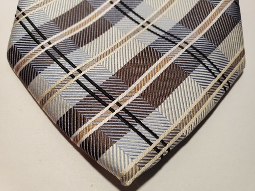 STAFFORD ESSENTIALS Tie Polyester White Blue Tan Plaid Striped. W-3 5/8” L-59” - Picture 2 of 5