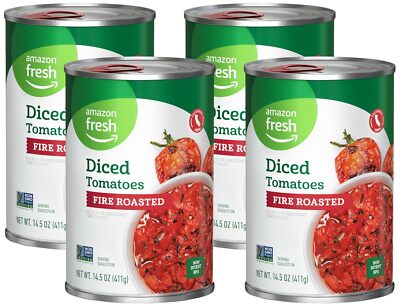 (4 Pack) Amazon Fresh Fire Roasted Diced Canned Tomatoes, Non-GMO, 14.5 Oz