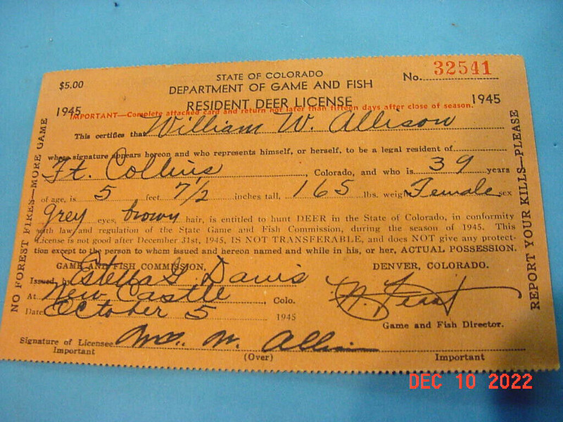 1945 COLORADO RESIDENT DEER LICENSE