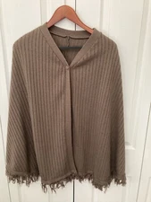 Poncho Beige Knit Button Front Fringe Shawl Blanket Cape Vintage Pre-own
