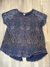 Lucky Brand Womens Plus 1X Short Sleeve Blue Paisley Top BOHO Peasant Back Slit