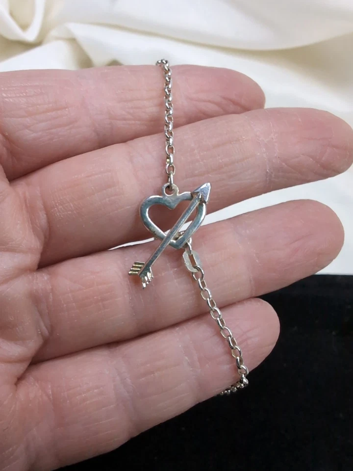 Sterling Silver Heart With Arrow Toggle Bracelet 7.5ish” Chain Delicate Cute - Image 2 of 4