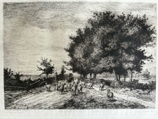 Chabry gravure eau forte etching Paysage Mouton Berger Brebis Gironde Arès 1872