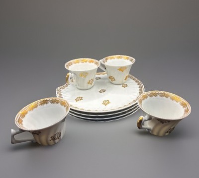 Limoges Hand Painted France Shell Snack Plates & Cups Gold Encrusted Set Of 4