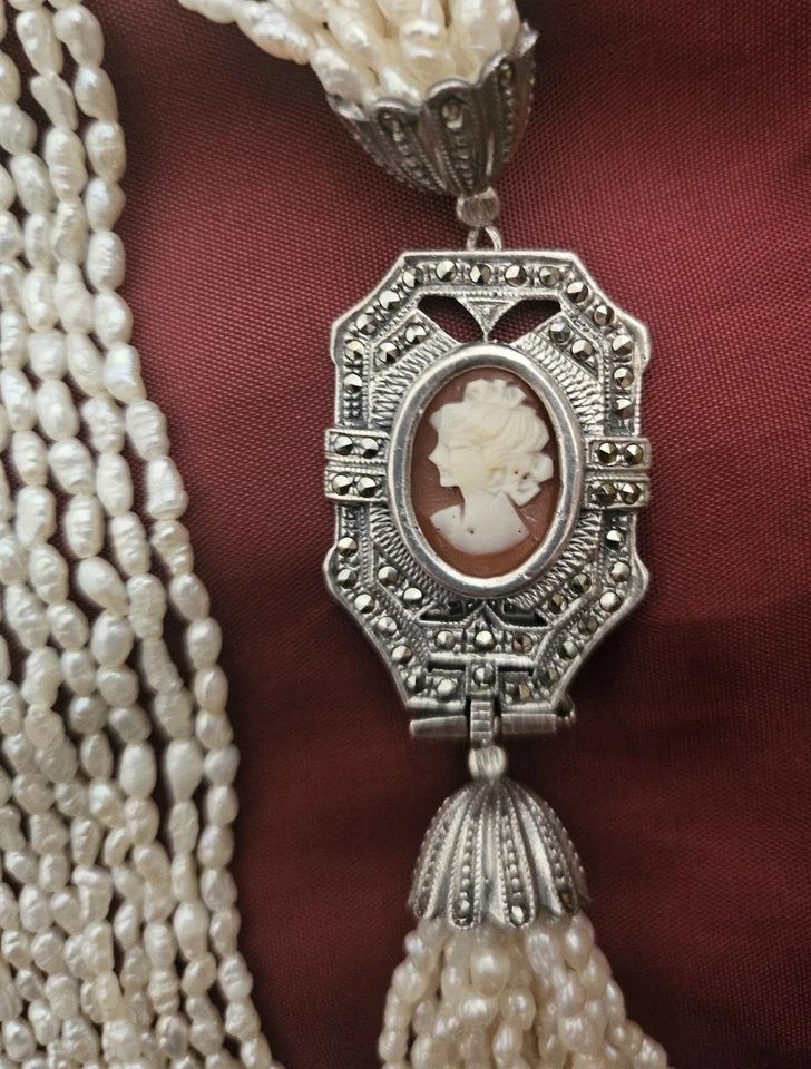 Collana Di Perle Vere Vintage 16 Fili con chiusura gioiello antico Sterling. - Immagine 3 di 4