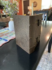 Vintage Faux Leather Book Tinker Box . Brown In Color With Copper Buckles