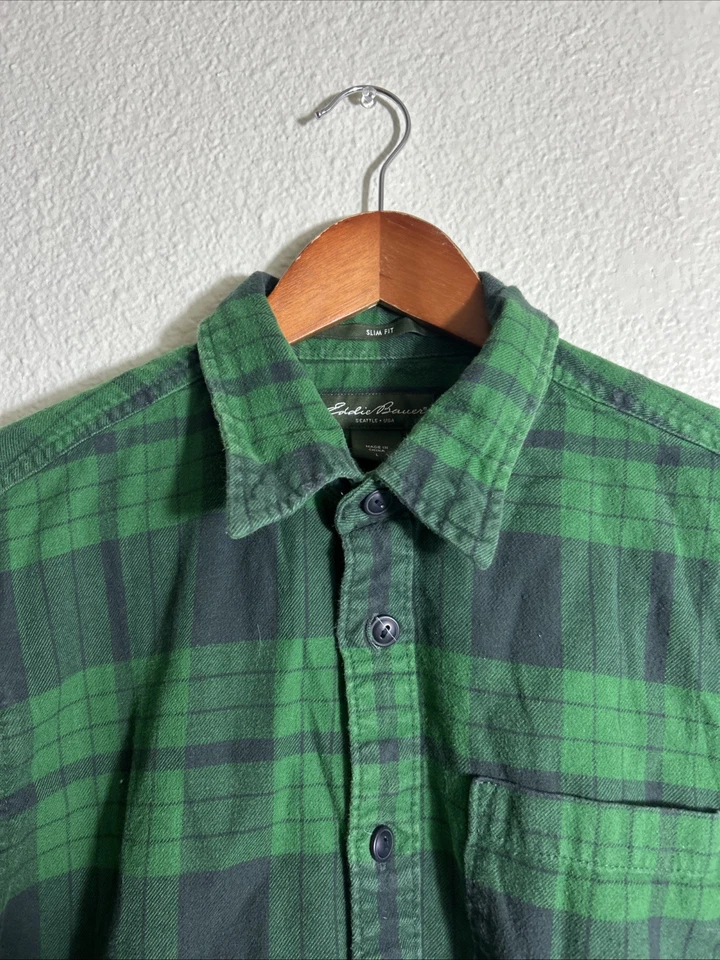 Eddie Bauer Slim Fit Flannel Shirt Green Plaid Cotton Long Sleeve Mens Large - Image 3 of 4