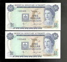 Bermuda, 1984, QE11, 2 x $1 Dollar, Consecutive (LOW) Serial #s, BOTH CRISP UNC!